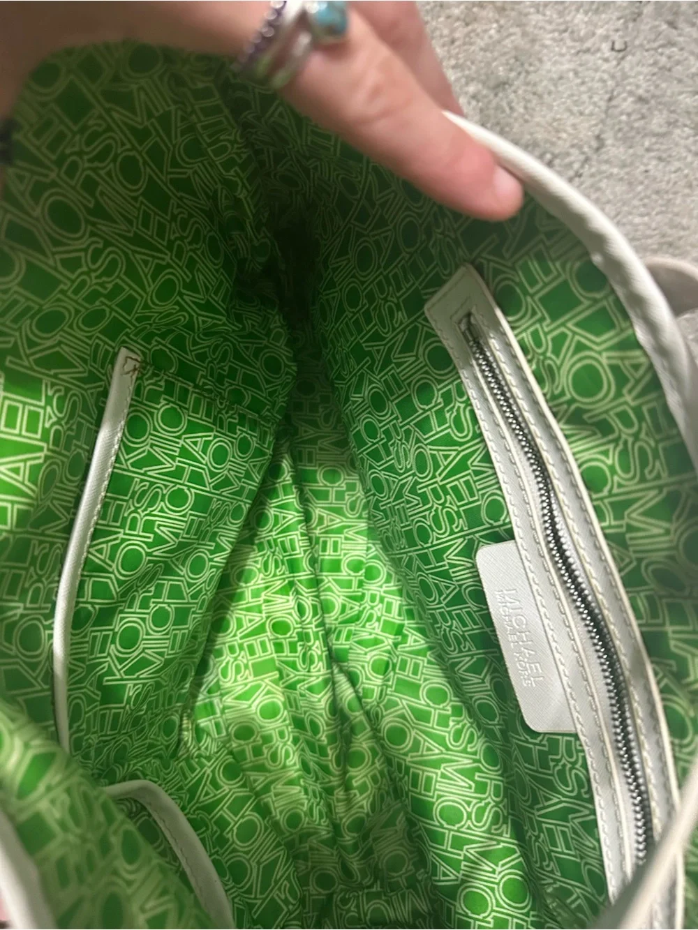 Michael Kors Green Polka Dot Tote with White Trim and Straps